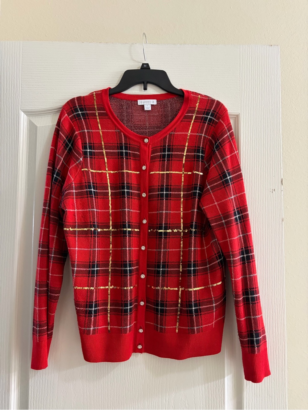 Charter Club Red Plaid Sequin Holiday Cardigan Sweater Large